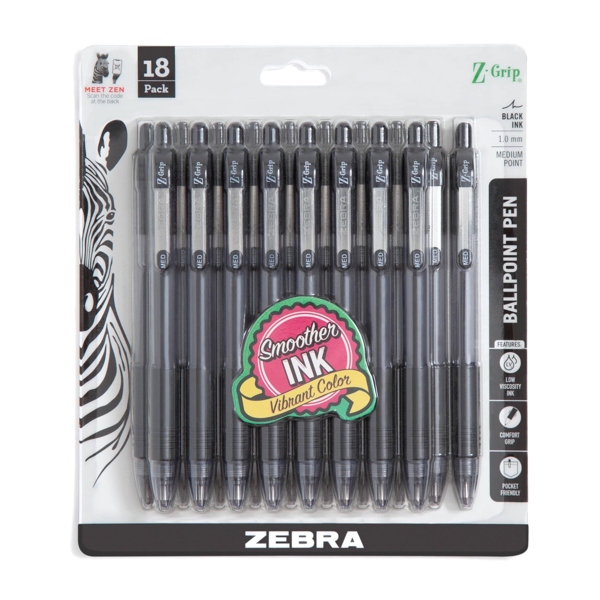 Zebra Pen Z-Grip Retractable Ballpoint Pen, Medium Point, Black Ink, Model Number: 22218, 18-Pack (22218)
