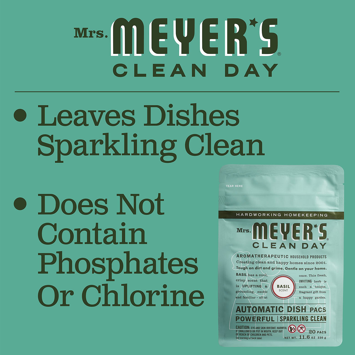 MRS. MEYER'S CLEAN DAY Automatic Dishwasher Pods, Basil, 20 Count