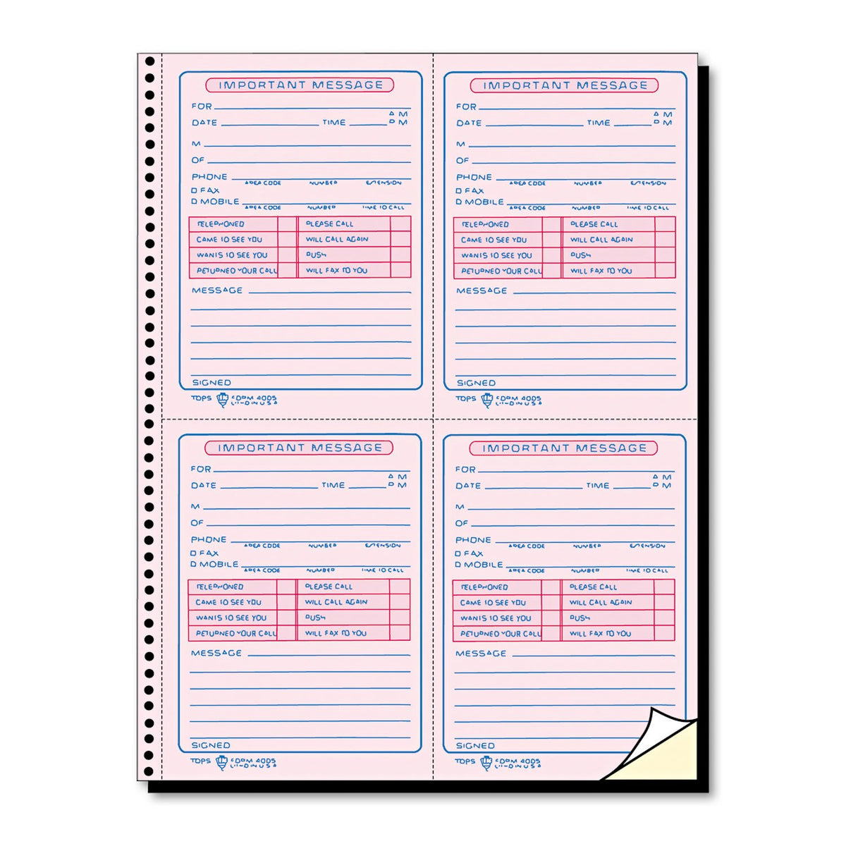 TOPS Phone Message Book, Spiral Bound, 2-Part, Carbonless, White and Canary, 4 Messages per Page, 400 Sets (4009)