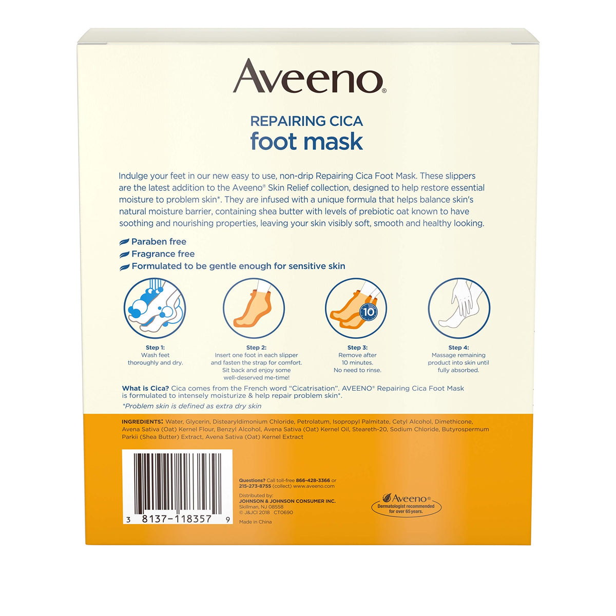 Aveeno Repairing CICA Foot Mask with Prebiotic Oat and Shea Butter, Moisturizing Foot Mask for Extra Dry Skin, 6 Pairs of Single-Use Slippers