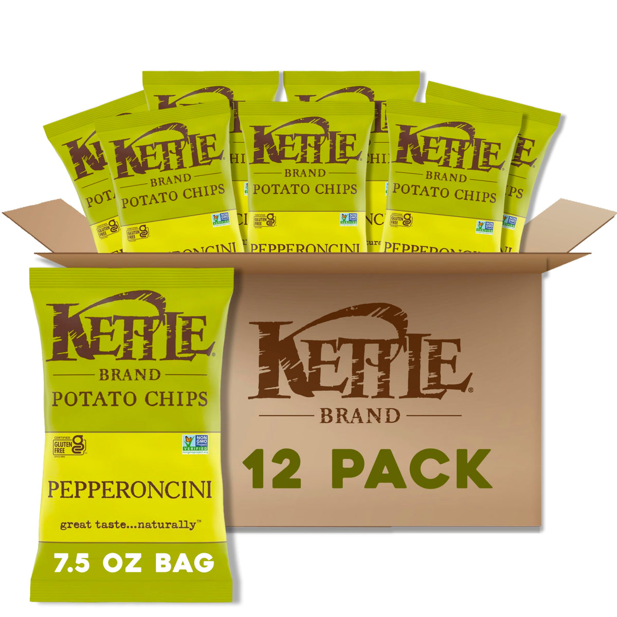 Kettle Brand Potato Chips, Pepperoncini Kettle Chips, 7.5 Oz (Pack of 12)