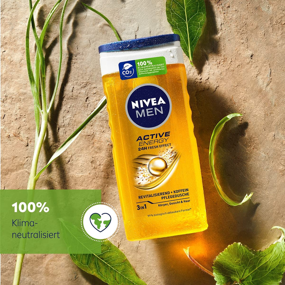 NIVEA MEN Active Energy Shower Gel (250ml), Refreshing Shower Gel with Natural Caffeine, Revitalising Shower for Body, Face and Hair
