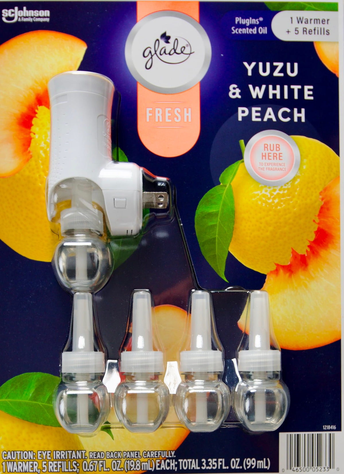 Glade Plugins Fresh Yuzu Peach, 5 Scented Oil Refills and 1 Warmer, Blue