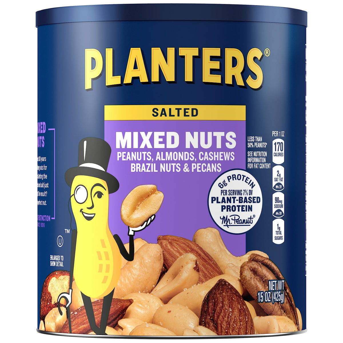 Planters Mixed Nuts Less Than 50% Peanuts with Peanuts (Almonds, Cashews, Hazelnuts & Pecans, 6 ct Pack, 15 oz Canisters)