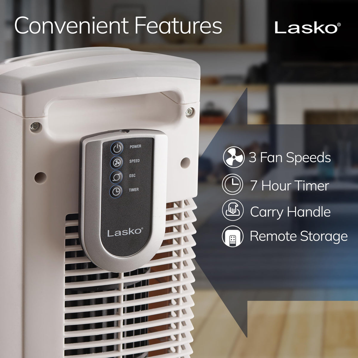 Lasko Oscillating Tower Fan with Remote Control, 3 Quiet Speeds, Timer for Bedroom, Kitchen, Office Use, White, 36" 2510