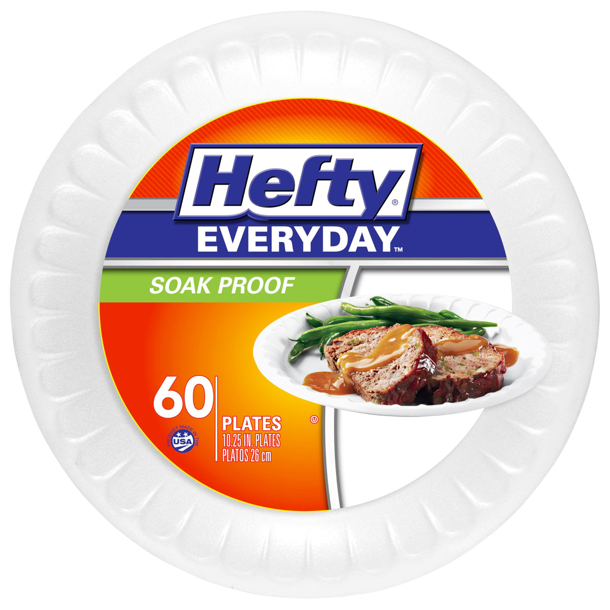 Hefty Everyday Soak-Proof Foam Plates, White, 10.25 Inch, 60 Count