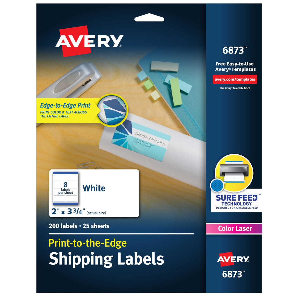 Avery Printable Shipping Labels with Sure Feed, 2" x 3.75", White, 200 Blank Mailing Labels (6873)