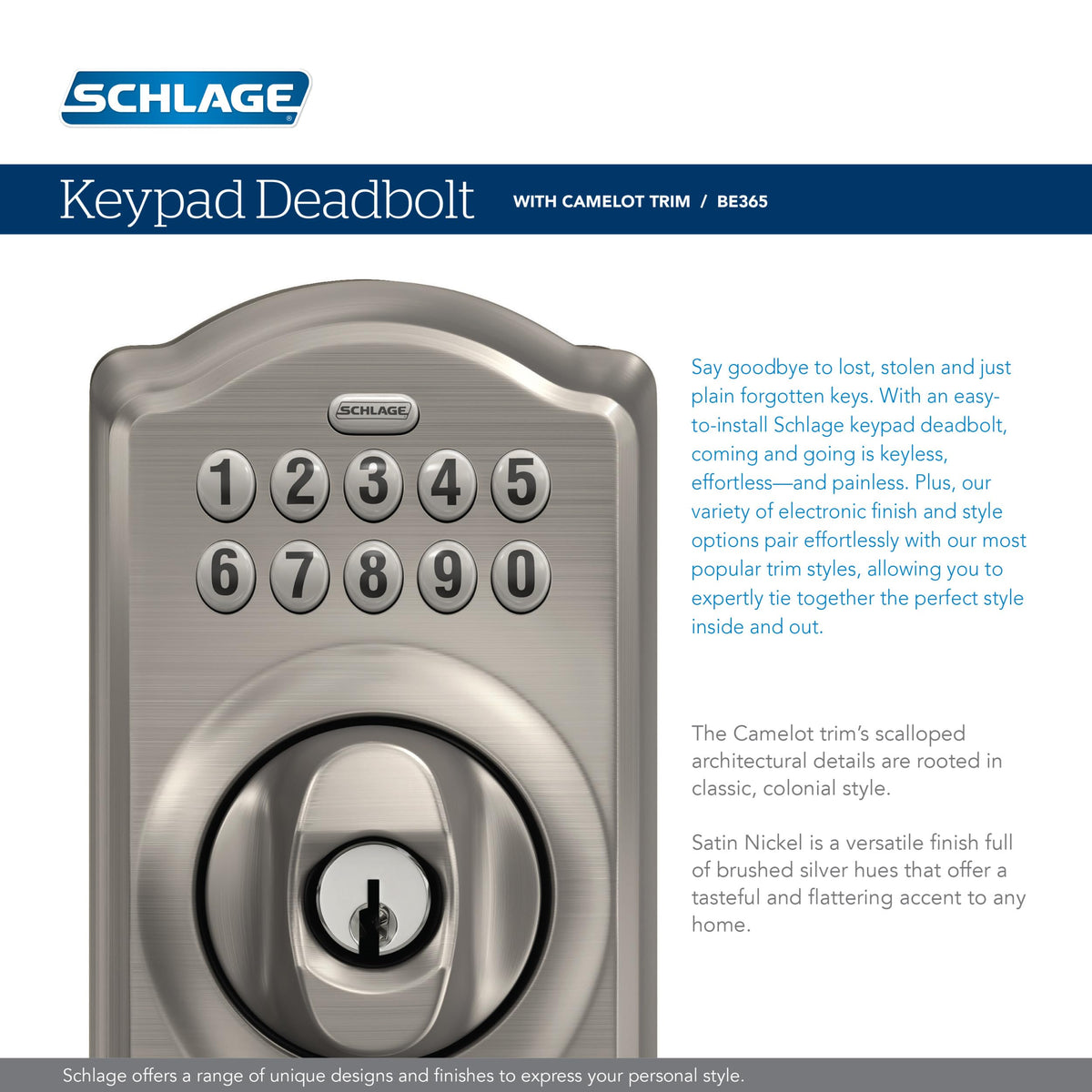 Schlage BE365 V CAM 716 Camelot Keypad Deadbolt, Electronic Keyless Entry Lock, Aged Bronze
