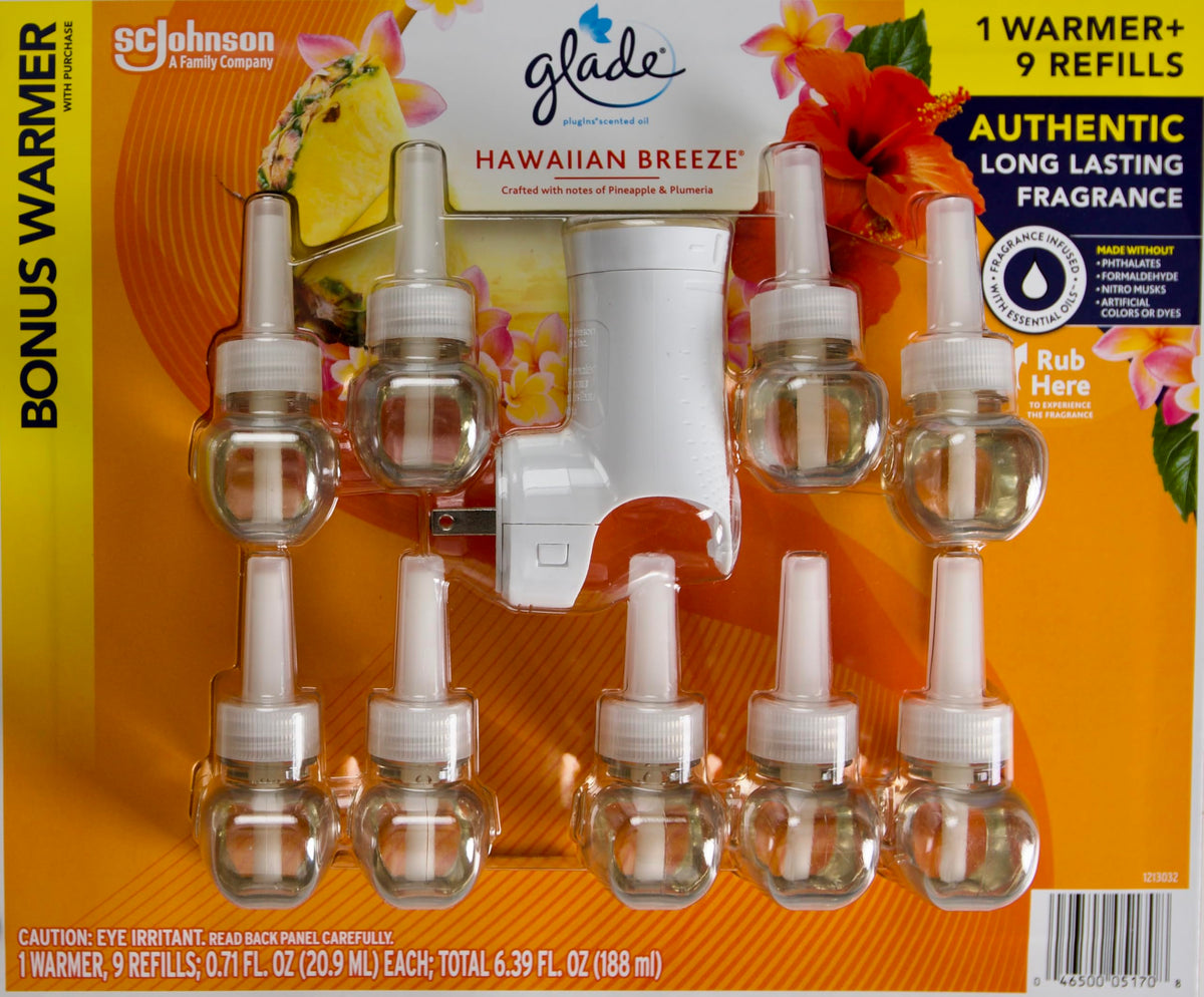 Glade Plugins Scented Oil Hawaiian Breeze, 9 Refills + 1 Warmer, Orange
