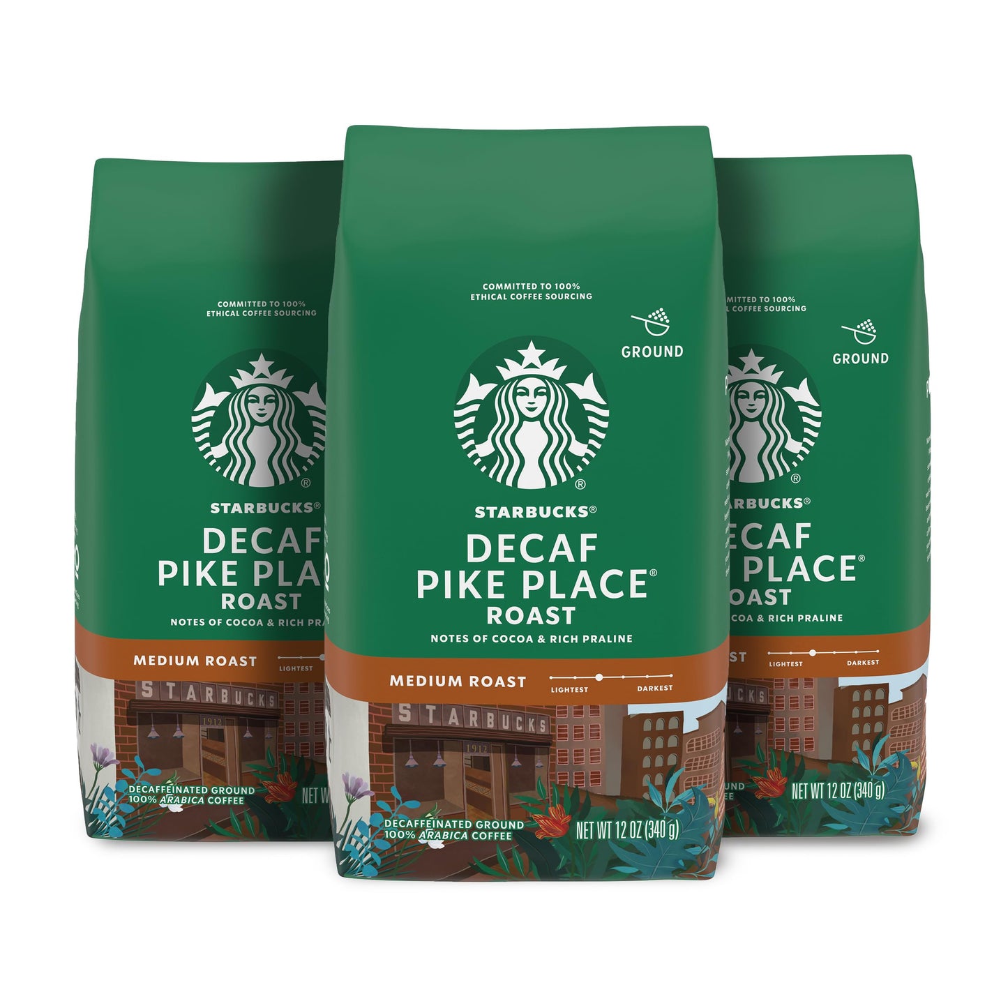 Starbucks Ground Coffee, Medium Roast Coffee, Decaf Pike Place Roast, 100% Arabica, 3 bags (12 oz each)