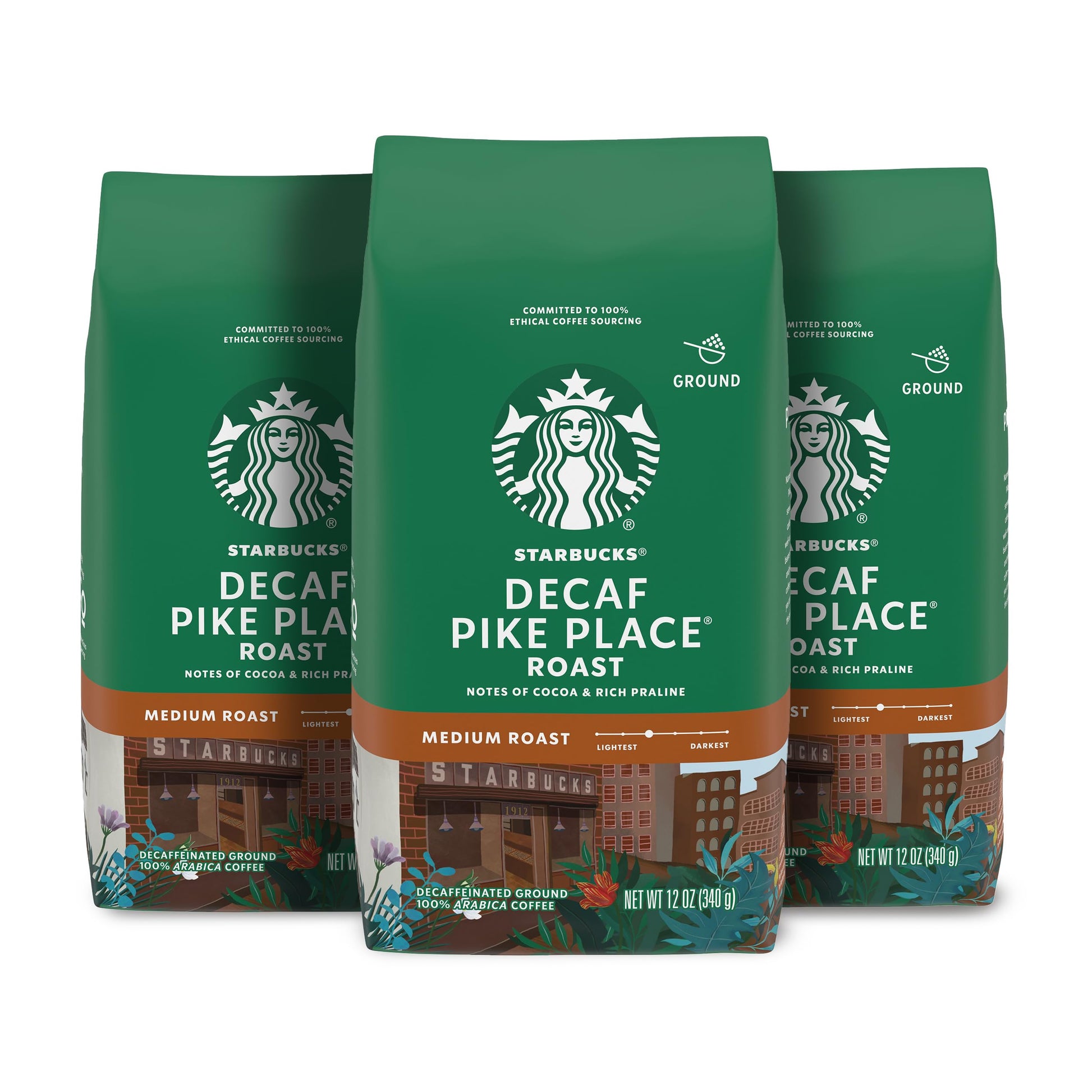 Starbucks Ground Coffee, Medium Roast Coffee, Decaf Pike Place Roast, 100% Arabica, 3 bags (12 oz each)