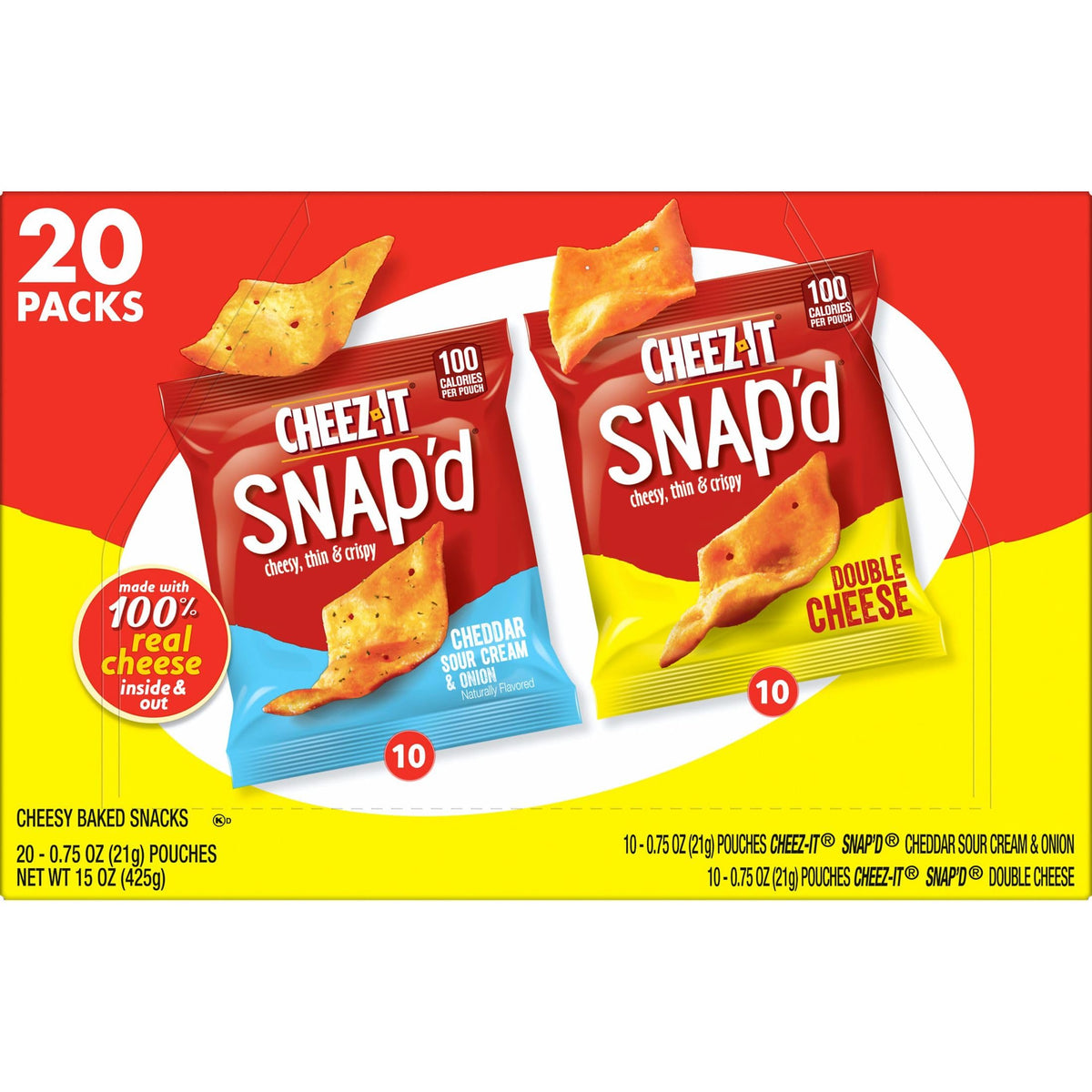 Cheez-It Snap'd Cheese Cracker Chips, Thin Crisps, Lunch Snacks, Variety Pack, 15oz Box (20 Packs)