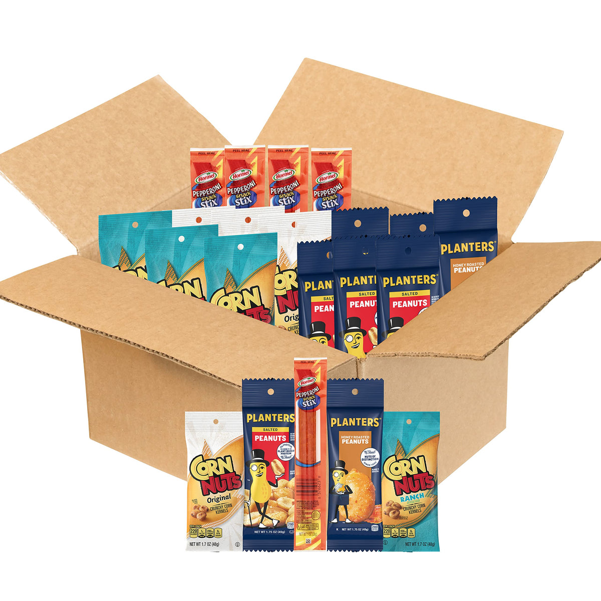 Planters Peanuts, CORN NUTS, HORMEL Pepperoni Stix Variety Pack, 16 Count, Snack Care Package