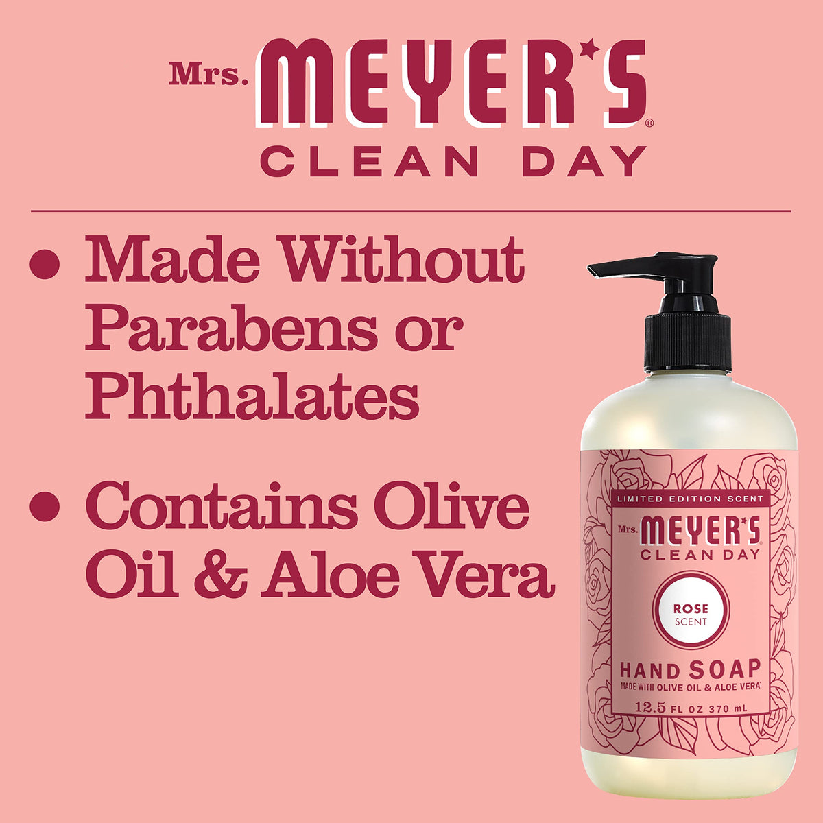 MRS. MEYER'S CLEAN DAY Hand Soap, Made with Essential Oils, Biodegradable Formula, Rose, 12.5 fl. oz