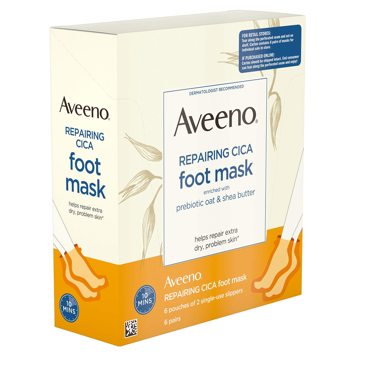 Aveeno Repairing CICA Foot Mask with Prebiotic Oat and Shea Butter, Moisturizing Foot Mask for Extra Dry Skin, 6 Pairs of Single-Use Slippers