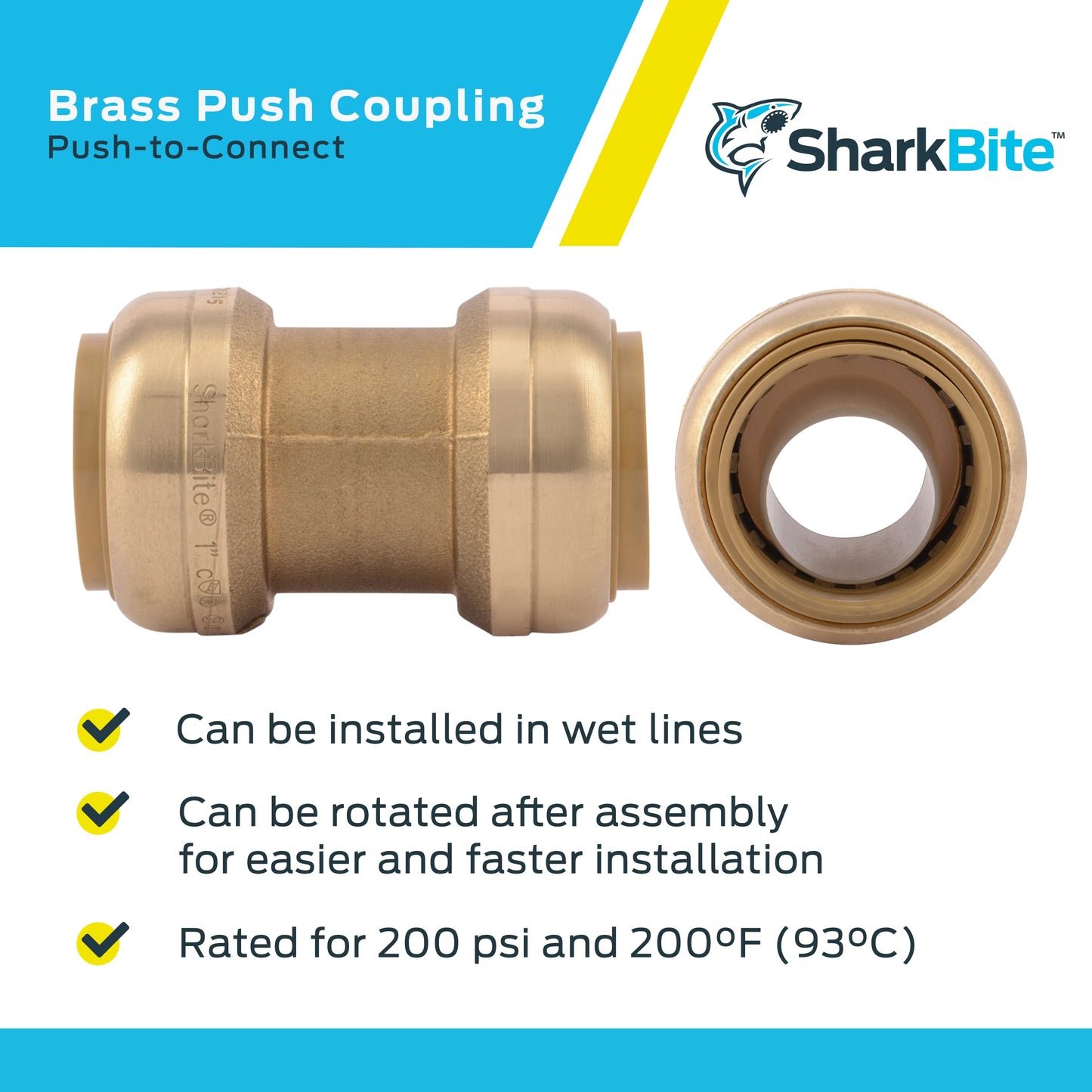 SharkBite 1 Inch Coupling, Pack of 6, Push to Connect Brass Plumbing Fitting, PEX Pipe, Copper, CPVC, PE-RT, HDPE, U020LF