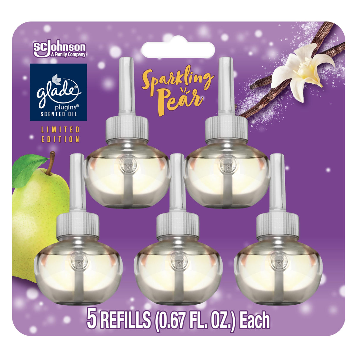 Glade PlugIns Refills Air Freshener, Scented and Essential Oils for Home and Bathroom, Sparkling Pear, 3.35 Fl Oz, 5 Count