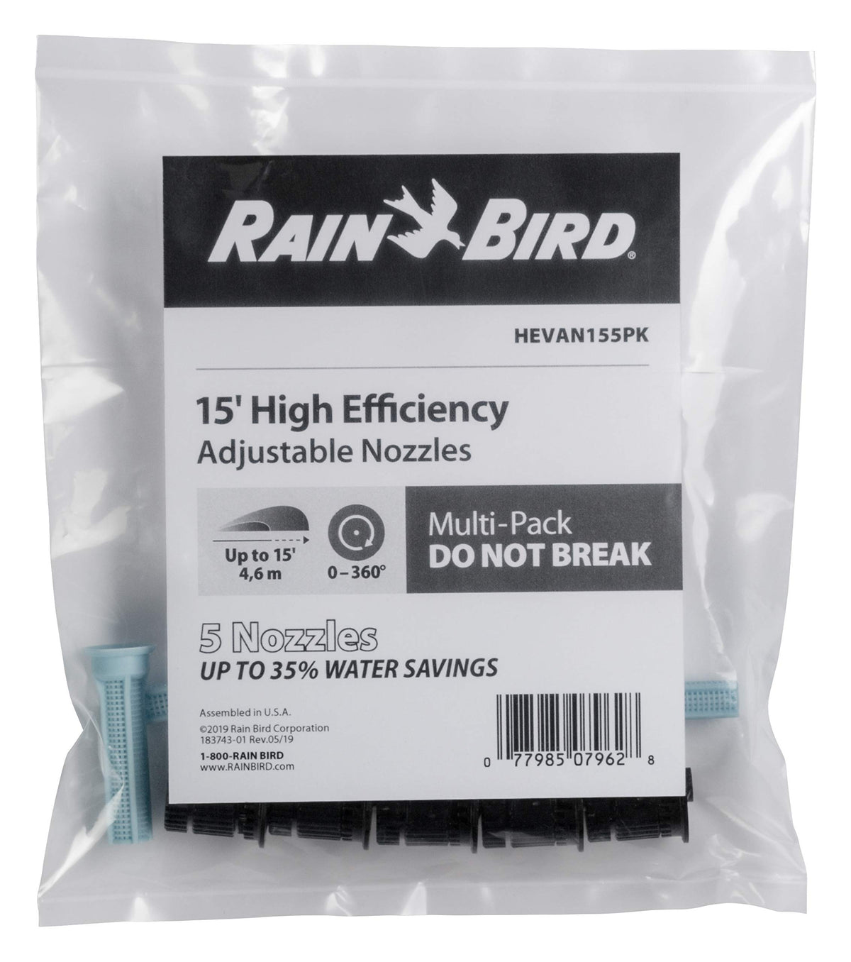 Rain Bird HEVAN155PK High-Efficiency Spray Nozzle, 0Â° - 360Â° Adjustable Pattern, 12' - 15' Spray Distance, 5-Pack