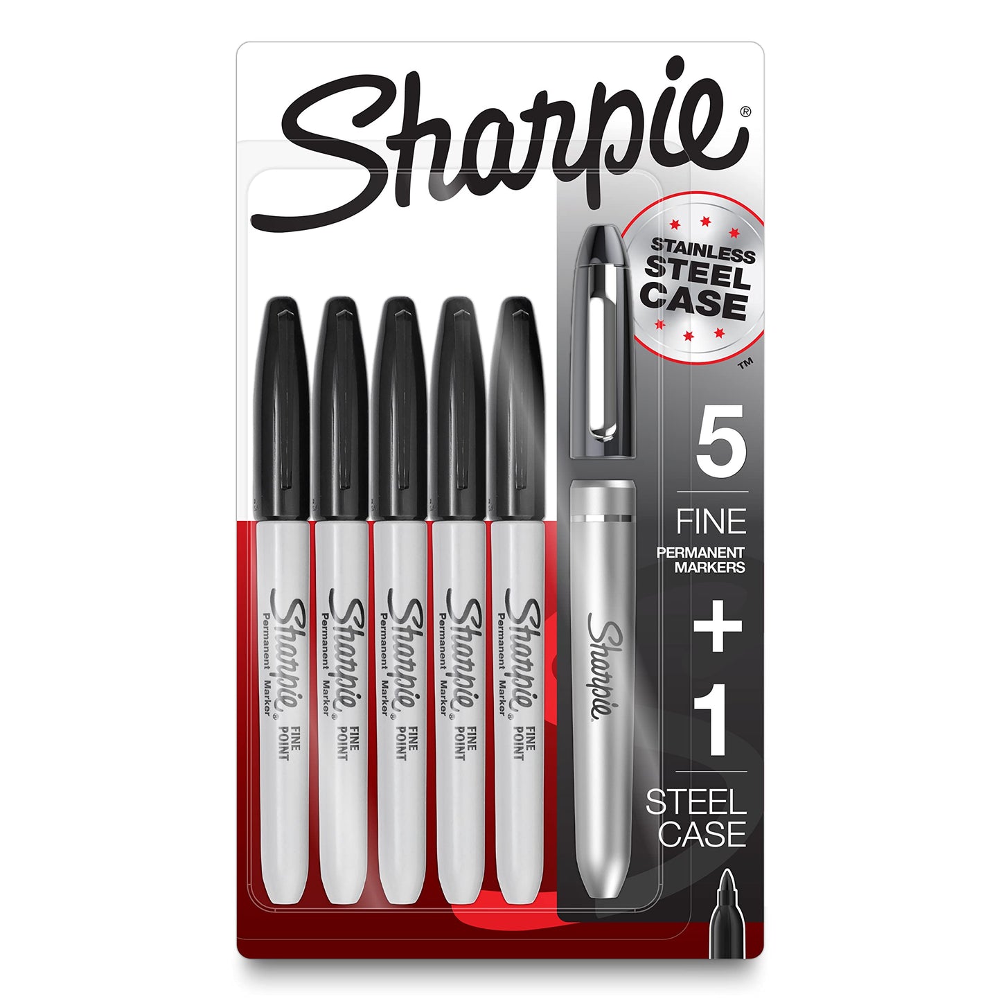 Sharpie Permanent Markers with Stainless Steel Marker Case Fine Point Black 6 Count