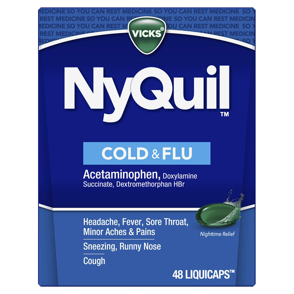 Vicks NyQuil Cold and Flu Relief Liquid Medicine, Powerful Multi-Symptom Nighttime Relief for Headache, Fever, Sore Throat, Minor Aches and Pains, Sneezing, Runny Nose, and Cough, 48 Liquicaps