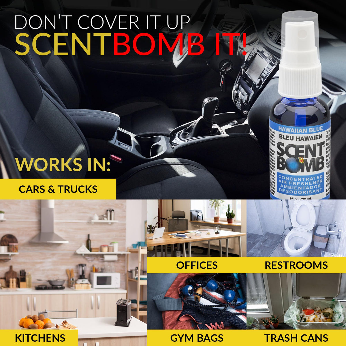 Scent Bomb Air Freshener Spray, Long-Lasting Odor Eliminator - Effective Deodorizer for Home & Car, Fresh Room Spray for Kitchen, Bathroom & Smell Neutralizer - 1 oz Pack of 4, Hawaiian Blue Scent