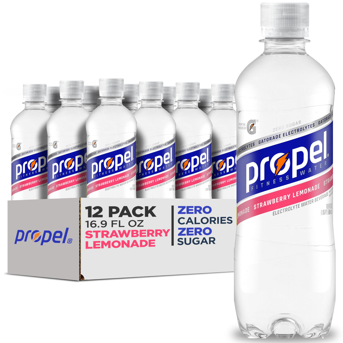 Propel Electrolyte Enhanced Water Sports Drink, Strawberry Lemonade Flavored Water, Zero Calorie & Zero Sugar Hydration with Electrolytes and Vitamins C & E, 16.9 fl oz Water Bottles (12 Pack)