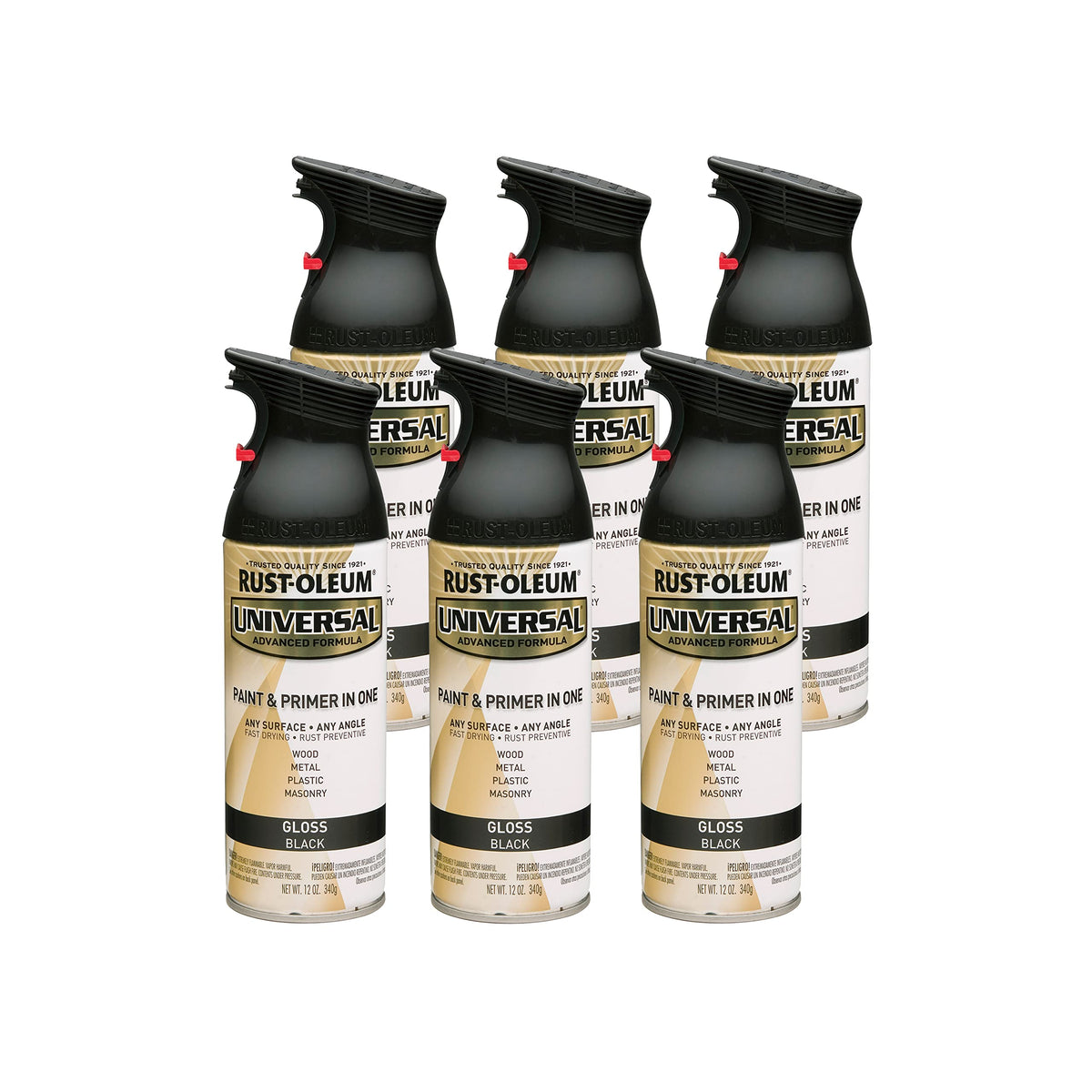 Rust-Oleum 245196-6PK Universal All Surface Spray Paint, 12 oz, Gloss Black, 6 Pack