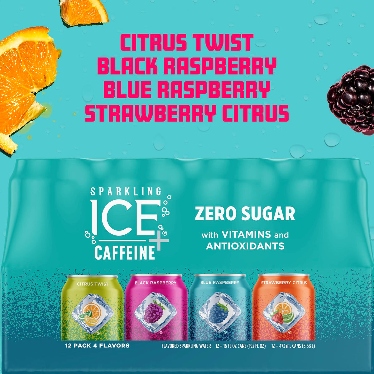 Sparkling Ice Caffeine Variety Pack, Flavored Sparkling Water, Zero Sugar, with Vitamins and Antioxidants, 16 fl oz, 12 count (Citrus Twist, Black Raspberry, Blue Raspberry, Strawberry Citrus)