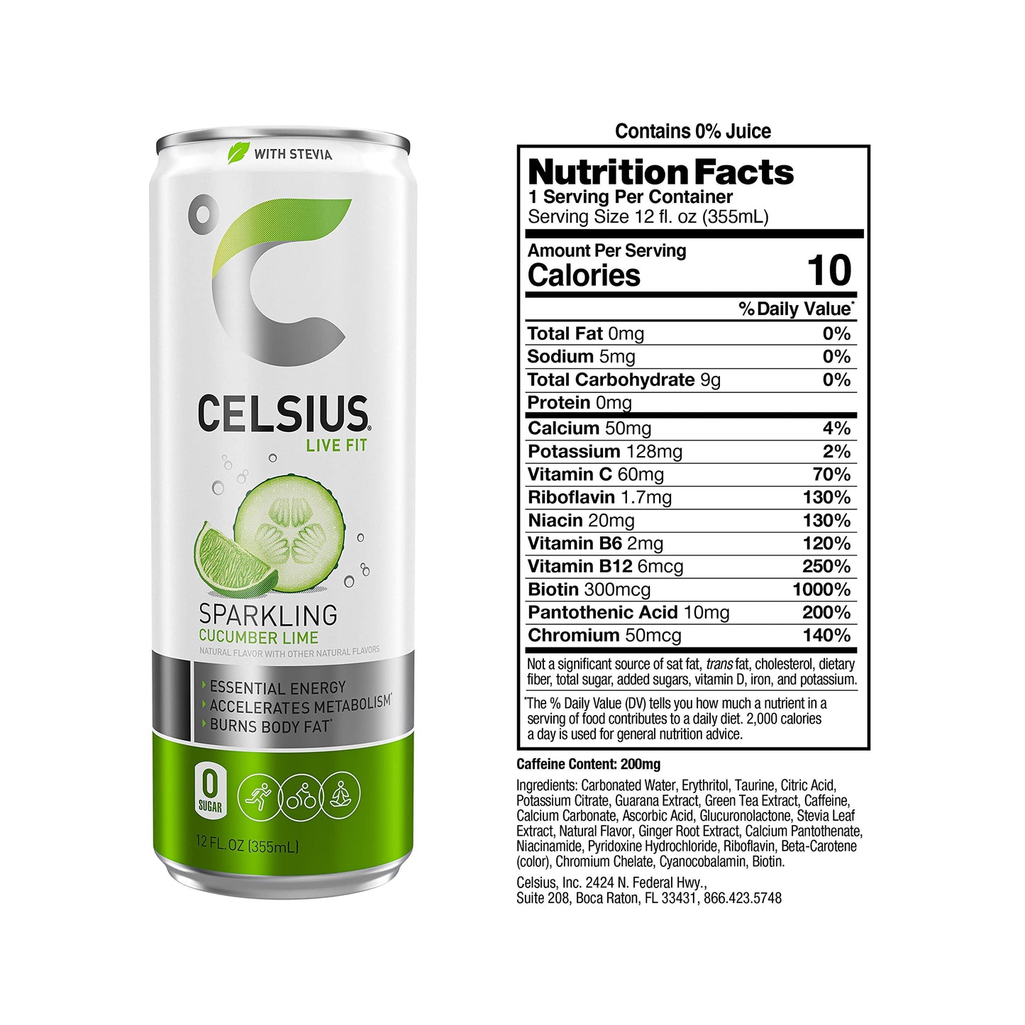 CELSIUS Sweetened with Stevia Sparkling Cucumber Lime Fitness Drink, Zero Sugar, 12oz. Slim Can (Pack of 12)