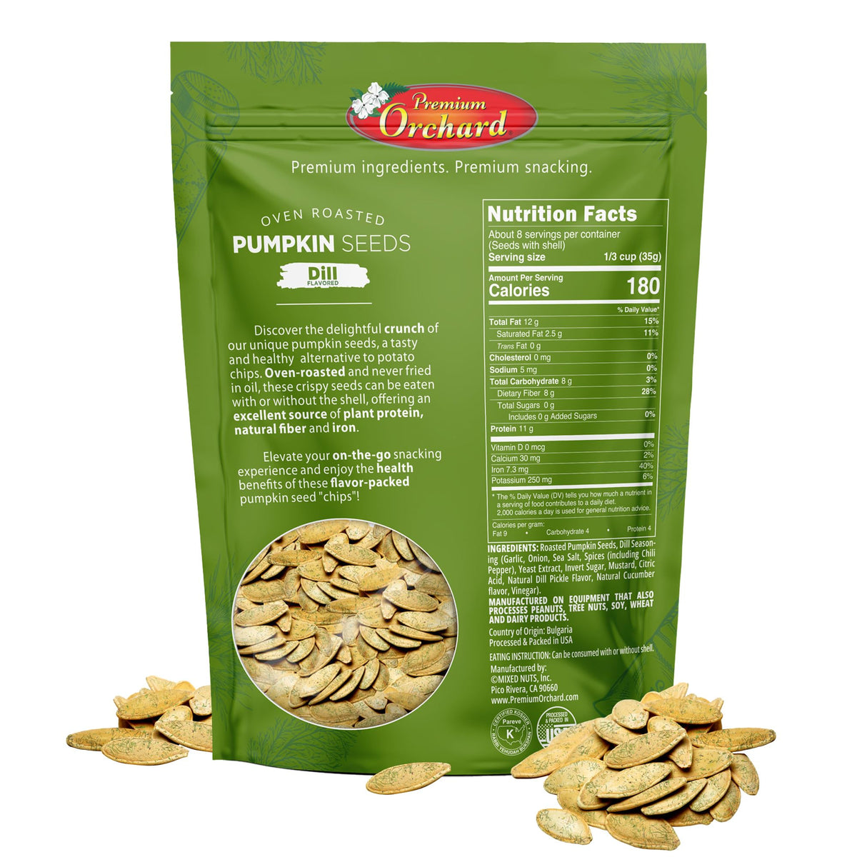 PREMIUM ORCHARD Flavored Pumpkin Seeds Oven Roasted | Dill Flavor | High Protein Snacks for Kids and Adults | Vegan Snack | Non GMO | KETO