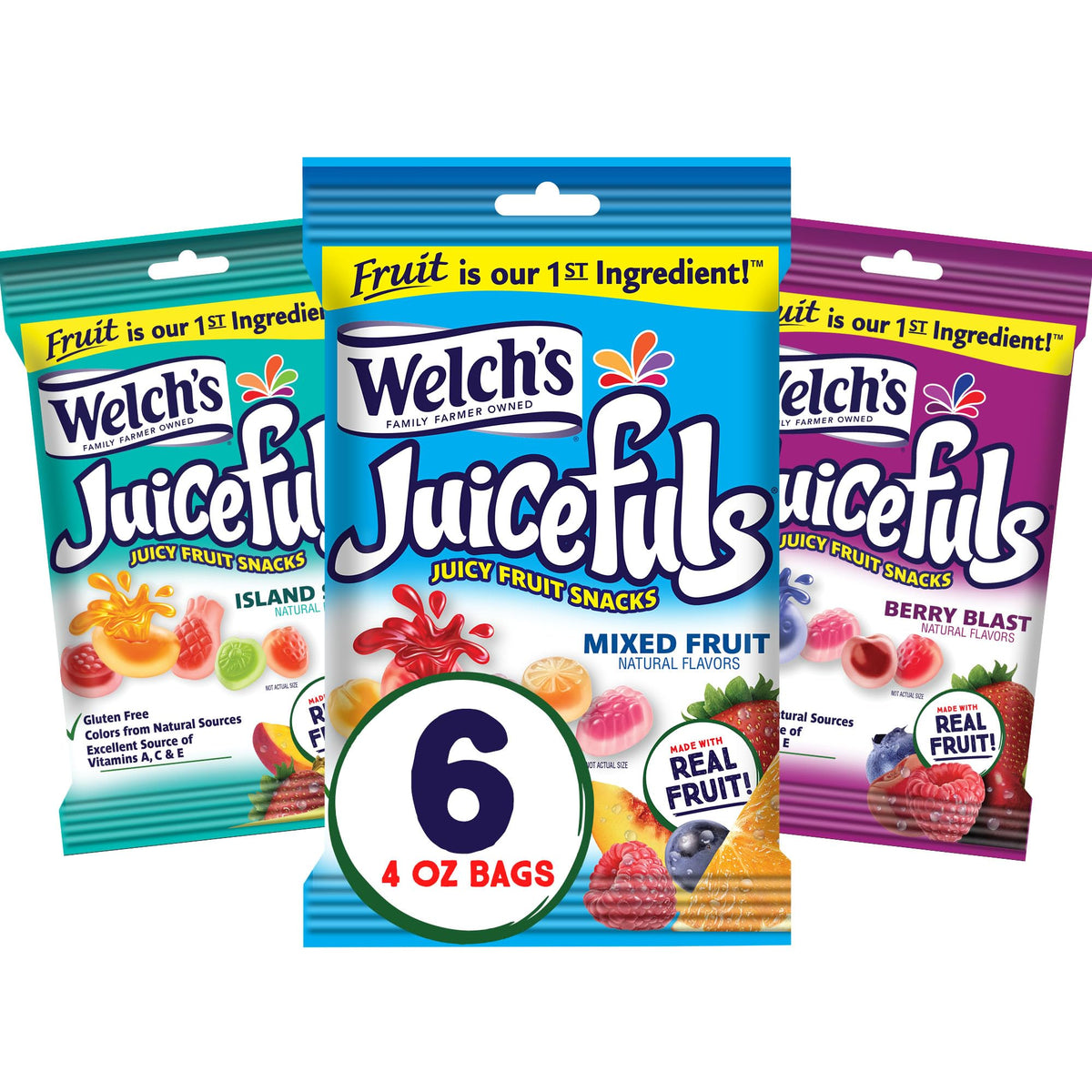 Welch's Juicefuls Juicy Fruit Snacks, Mixed Fruit, Berry Blast & Island Splash Fruit Gushers Variety Pack, Gluten Free, 4 oz Sharing Size Bags (Pack of 6)