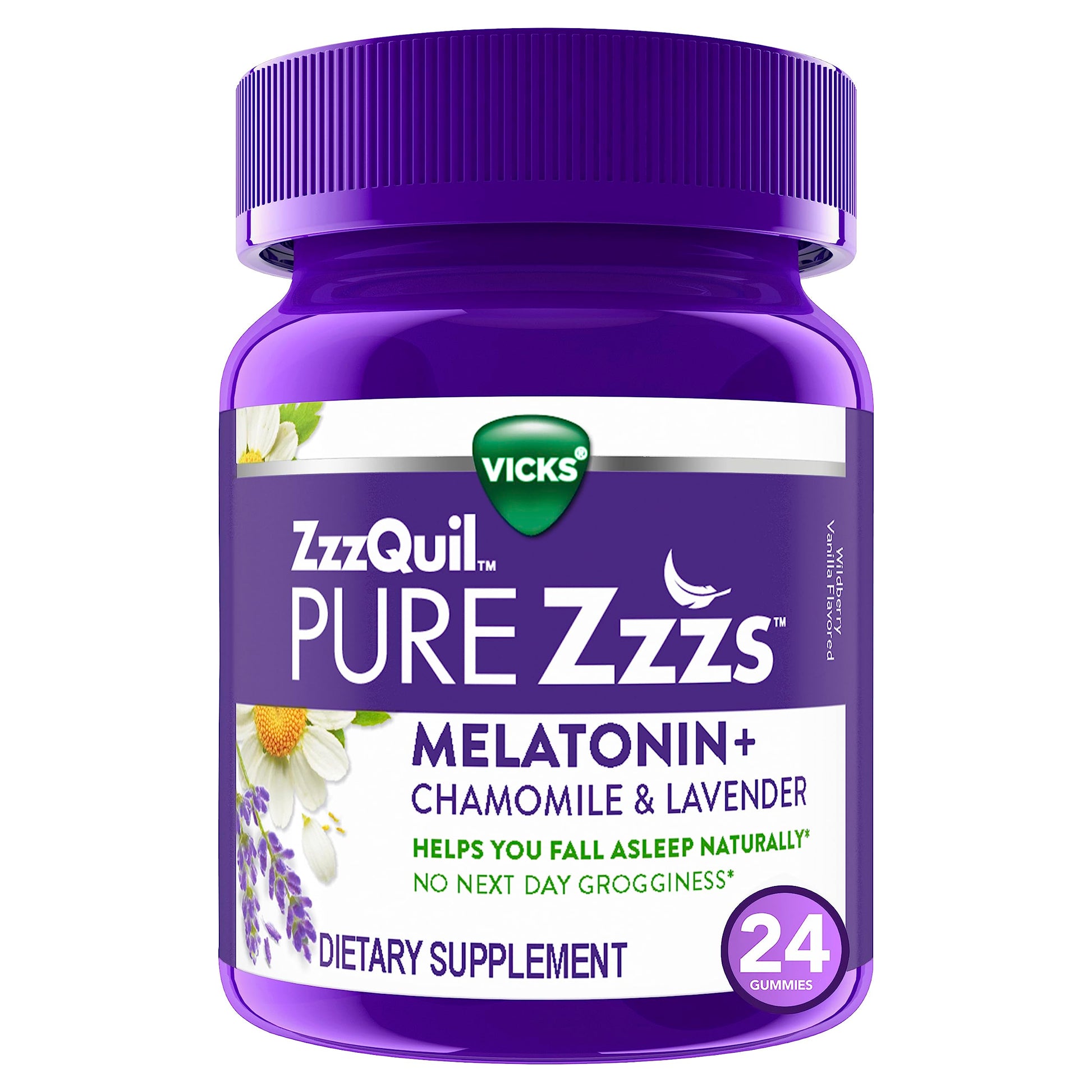 ZzzQuil PURE Zzzs Melatonin Sleep Aid Gummies, Helps You Fall Asleep Naturally, Wildberry Vanilla Flavor, Chamomile Lavender & Valerian Root, 1mg per gummy, 24 Count