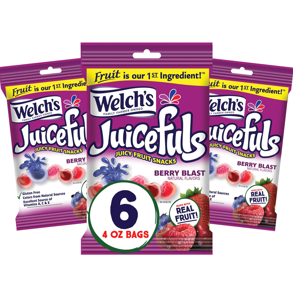 Welch's Juicefuls Juicy Fruit Snacks, Berry Blast, Fruit Gushers, Gluten Free, 4 oz Sharing Size Bags (Pack of 6)