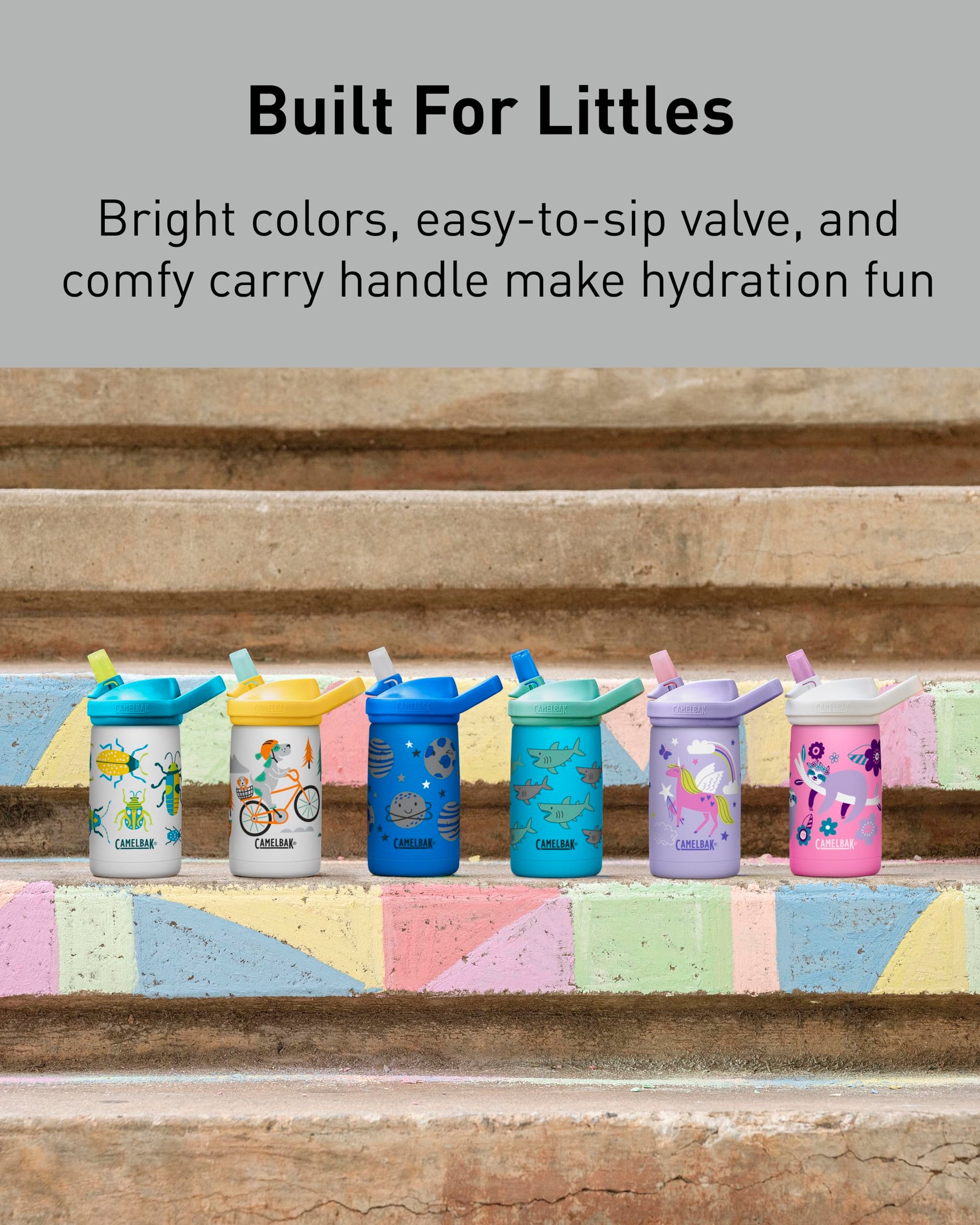 CamelBak Eddy+ Kids Bite Valve Straw Insulated Stainless Steel Water Bottle Magic Unicorns, 12oz