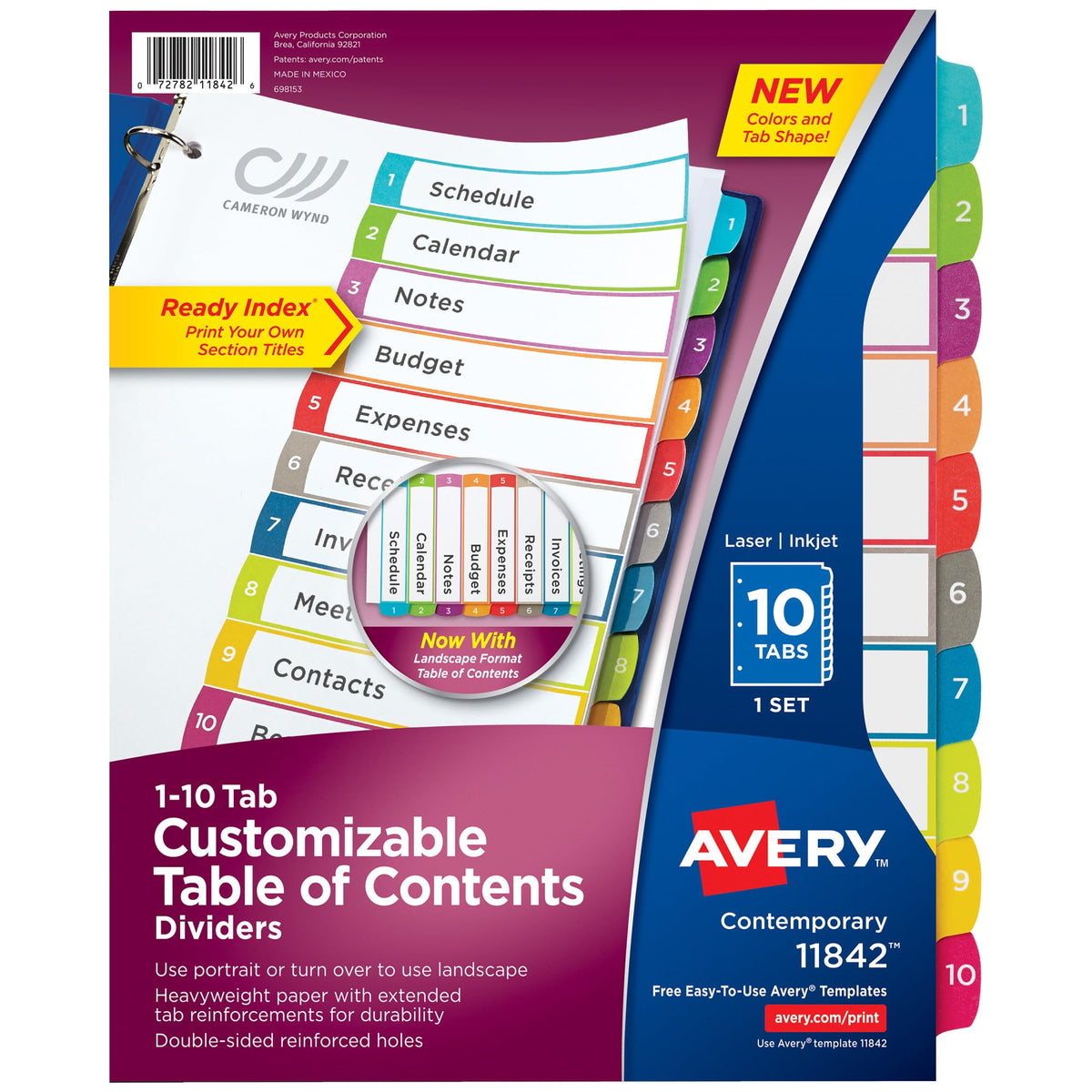 Avery 10 Tab Dividers for 3 Ring Binders, Customizable Table of Contents, Multicolor Tabs, 1 Set (11842)