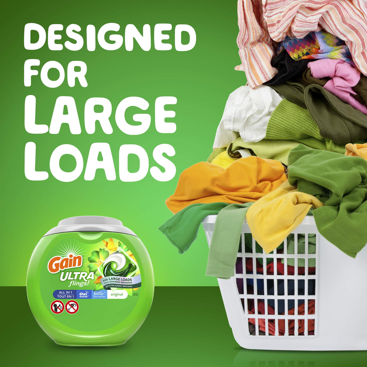 Gain Ultra flings Liquid Laundry Detergent pacs Designed for Large Loads, Original Scent, 48 Count