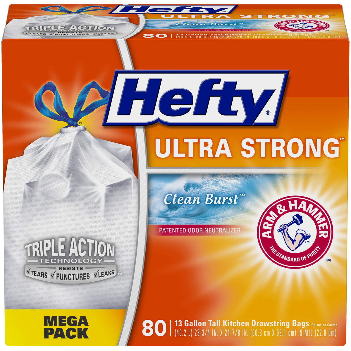 Hefty Ultra Strong Tall Kitchen Trash Bags, Clean Burst, 80 Count
