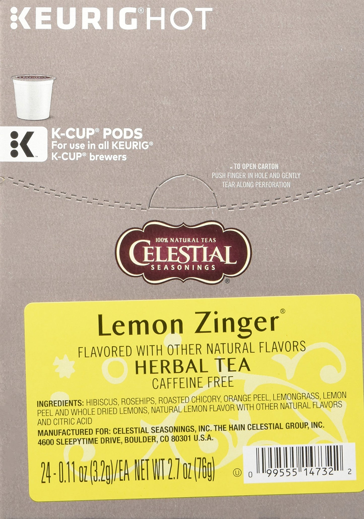 Celestial Seasonings Lemon Zinger Herbal Tea, Single-Serve Keurig K-Cup Pods, 24 Count