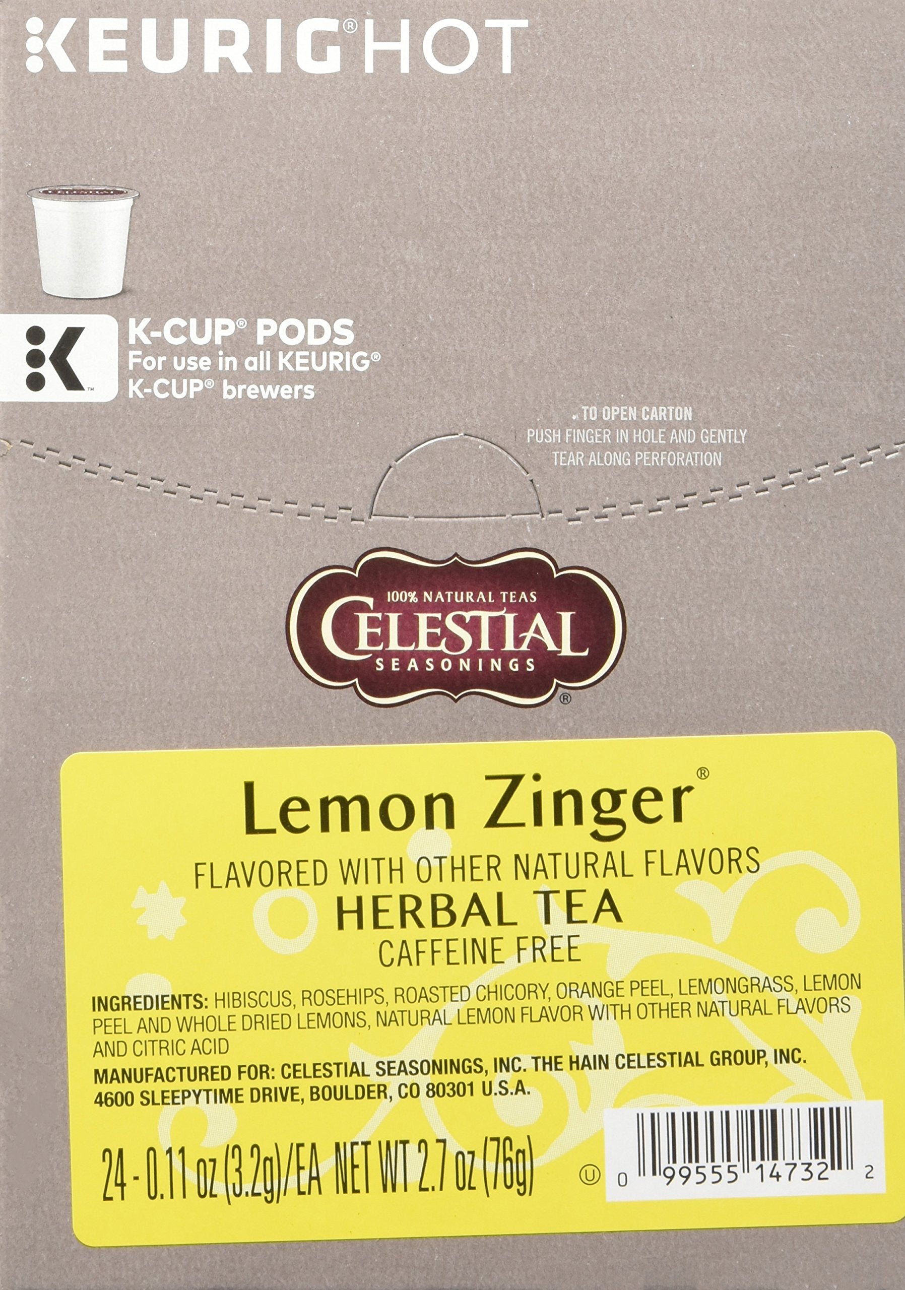 Celestial Seasonings Lemon Zinger Herbal Tea, Single-Serve Keurig K-Cup Pods, 24 Count