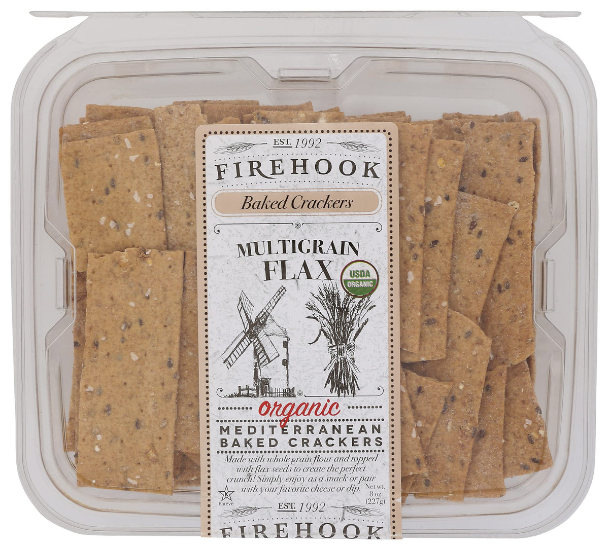 Firehook Organic Mediterranean Baked Crackers, Multigrain Flax, USDA Certified Organic, Kosher, Non-GMO, 8 Oz (Pack of 12)
