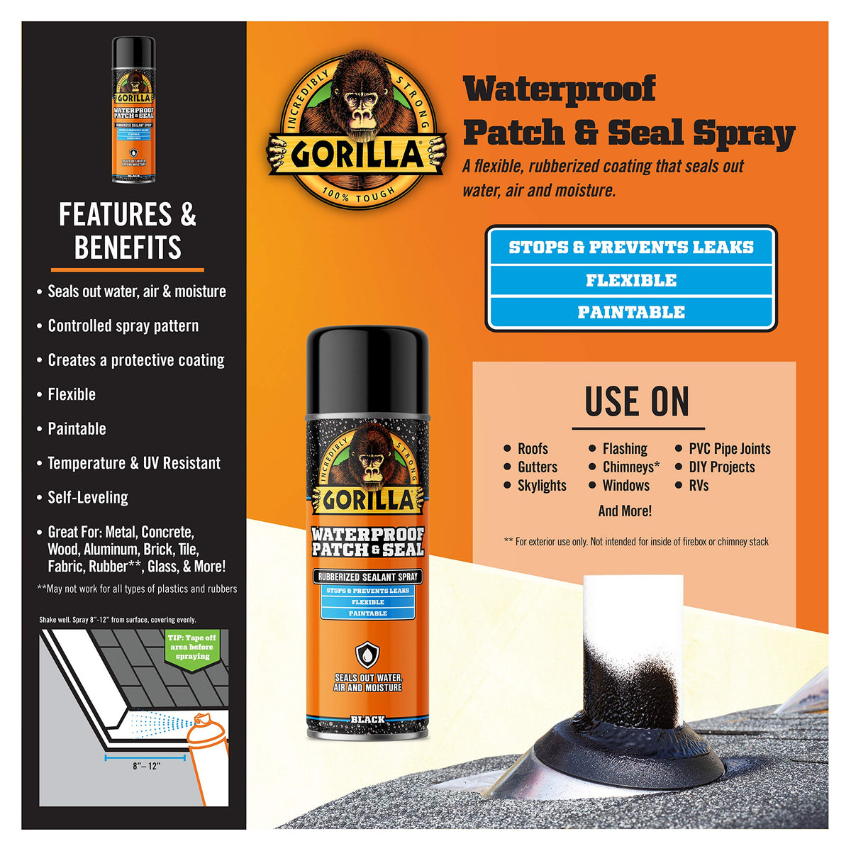 Gorilla Waterproof Patch & Seal Rubberized Sealant Spray, Black, 16 Ounce (Pack of 2) - Seals Out Water, Air, and Moisture