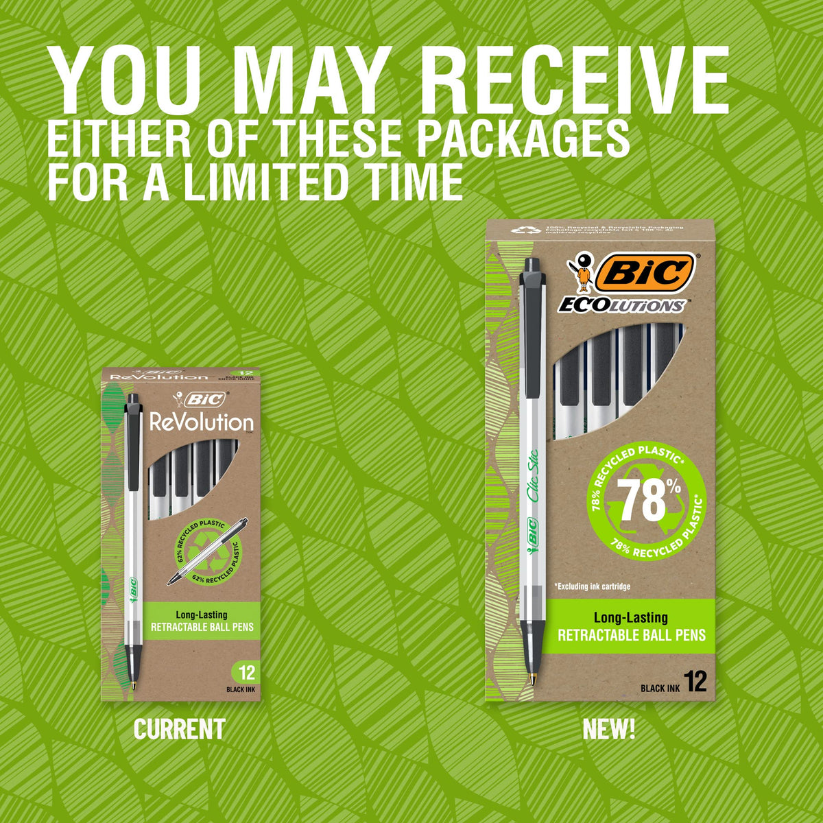 BIC Ecolutions Clic Stic Black Ballpoint Pens, Medium Point (1.0mm), 48-Count Pack, Retractable Ball Point Pens Made from 78% Recycled Plastic