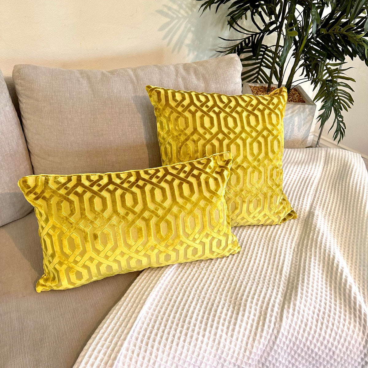 PoshMart Throw Pillow Cover, 18" x 18" Modern Yellow Geometric, Embroidery Cut, Velvet Luxury Contemporary Pillow Cover, for Couch, Sofa, Living Room, Bedroom (Insert NOT Included)