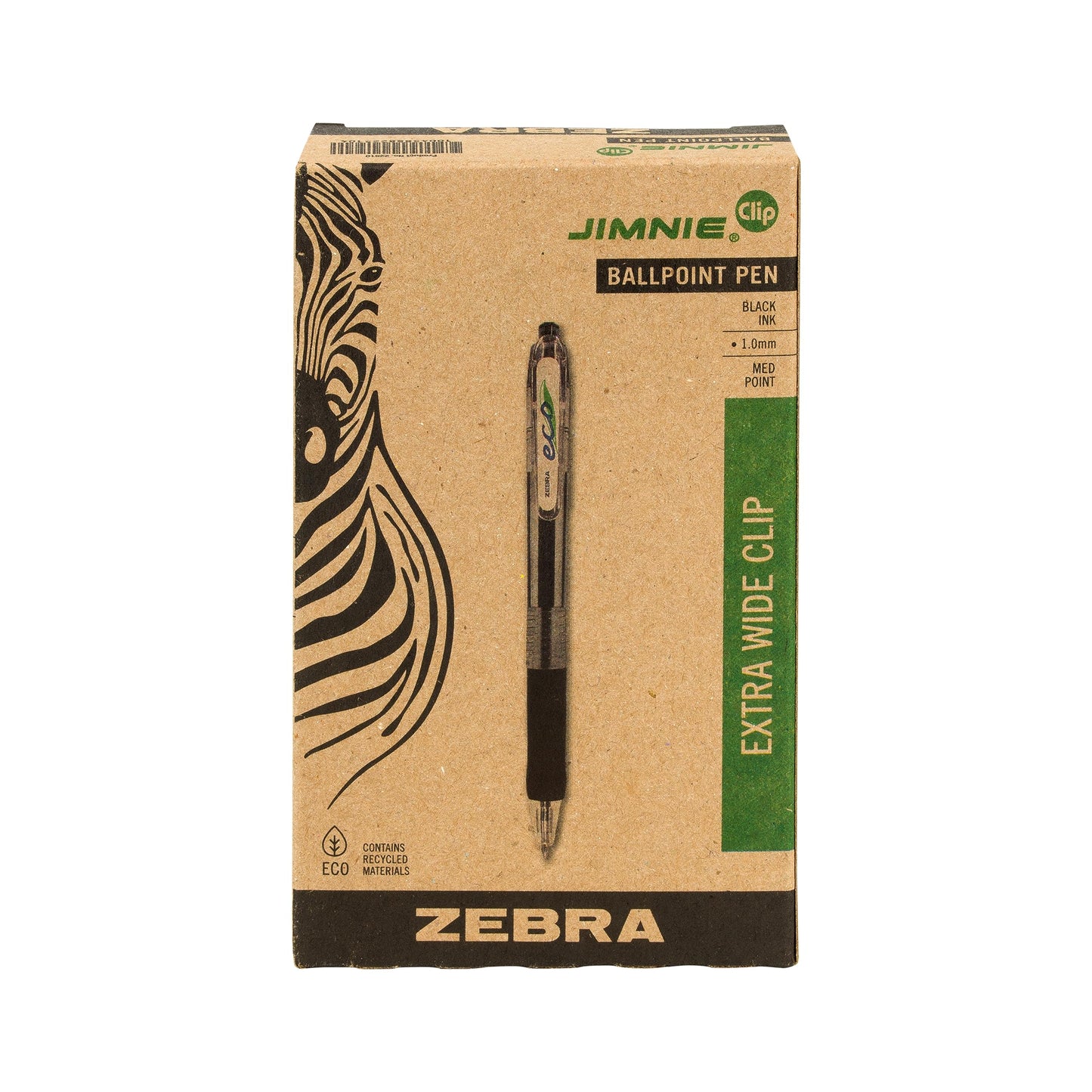 Zebra Pen Eco Jimnie-Clip Retractable Ballpoint Pen, Medium Point, 1.0mm, Black Ink, 12-Count