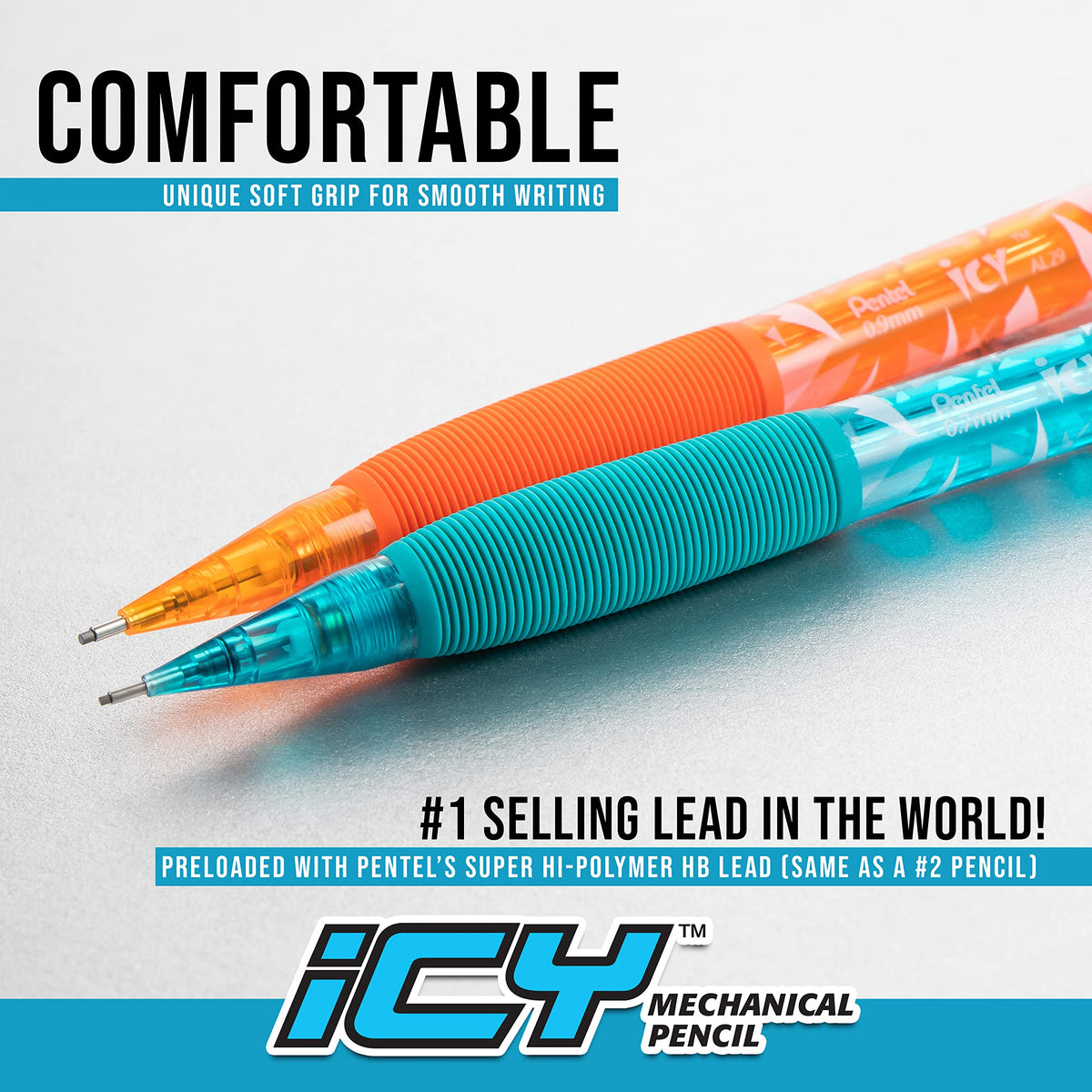 Pentel Icy Mechanical Pencil, (0.7mm) Medium Line, Flag Barrel, Assorted Grips (B/C/W) Clear Dozen Box
