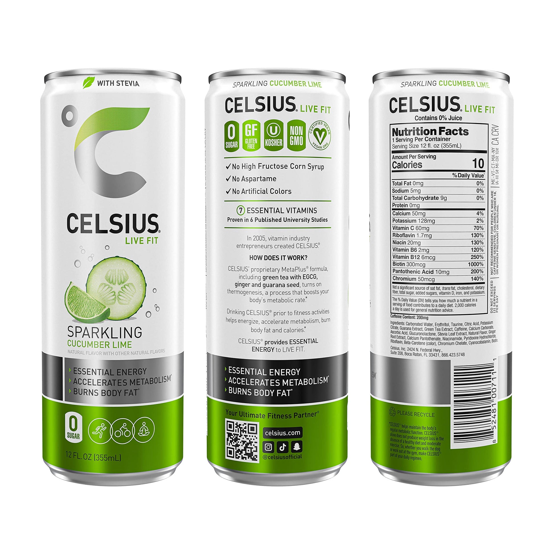 CELSIUS Sweetened with Stevia Sparkling Cucumber Lime Fitness Drink, Zero Sugar, 12oz. Slim Can (Pack of 12)