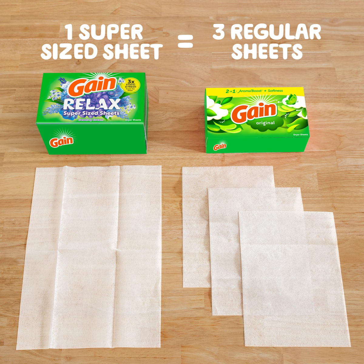Gain Super Sized Dryer Sheets, Laundry Fabric Softener, Relax, 130 Count
