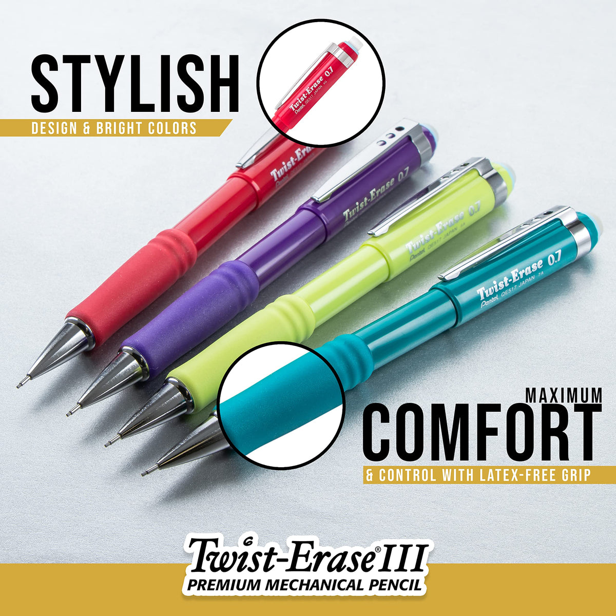 Pentel Twist-Erase III Mechanical Pencil ,0.5mm , Black Barrel, 12 Pack (QE515A)