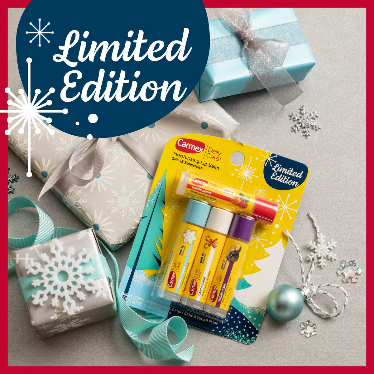 Carmex Daily Care Moisturizing Lip Balm Limited Edition Holiday Stick Pack in Sugar Plum, Candy Cane, Sugar Cookie and Merry Berry - 0.15 OZ each, 4 count (Pack of 3)