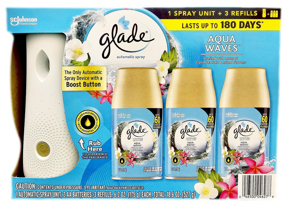 Glade, Automatic Spray Air Freshener 1 Holder + 3 Refills - Aqua Wves - 18.6 Ounce